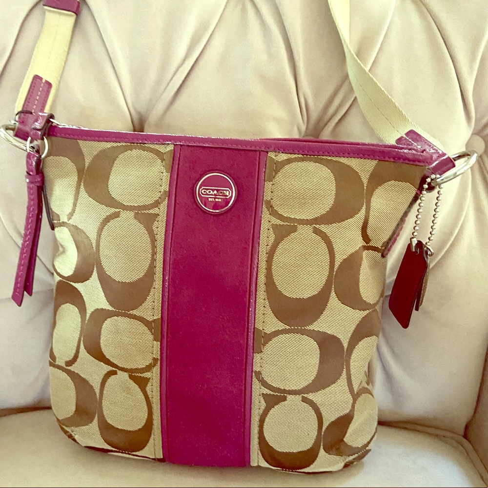 Authentic Coach khaki/brown/fuchsia crossbody GUC